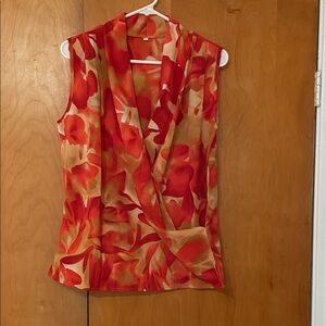 Floral Sleeveless Wrap Top - Red and Tan